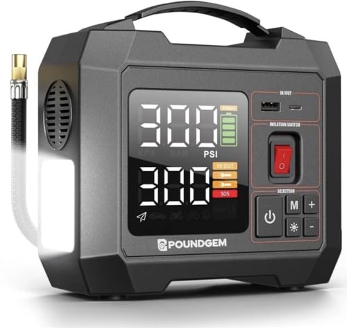 POUNDGEM Ultra-Fast Cordless 14A Tyre Inflator Air Compressor, Portable Digital Air Pump 45L/Min Airflow, Auto Shut-Off, LED Light & Power Bank for Car, Van, SUVs, Bike, & Motorcycle Balls