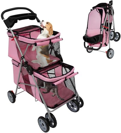 Passeggino doppio per cani fino a 20 kg, pieghevole per animali domestici, 2 ripiani, passeggino per cani, passeggino per animali domestici, passeggino per gatti con 4 ruote (rosa)