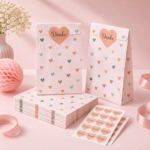 Papiertüten Kindergeburtstag Herz 20er Set | mit 20 passenden Stickern, Mitgebseltüten