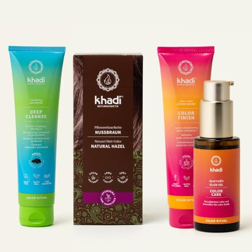 khadi Pflanzenhaarfarben ColorCycle Bundle – NUSSBRAUN Pflanzenhaarfarbe + Deep Cleanse Shampoo + Color Finish Conditioner + Color Care Haaröl