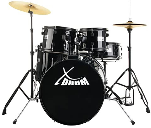 XDrum Rookie 20 Studio Schlagzeug Komplettset Black - Ideal für Einsteiger - Stylische Hardware in schwarz - Inkl. Drumsticks, Aufbauanleitung und Schlagzeugschule - Schwarz