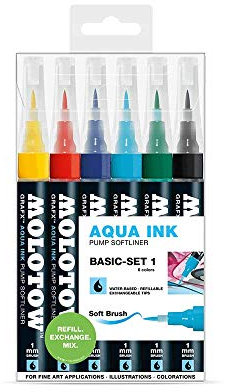 Molotow MO200462 Pump Softliner Aqua, 1 mm, sortiert 6er Etui, primärgelb/zinnoberrot/primärblau/cyan/dunkelgrün/tiefschwarz