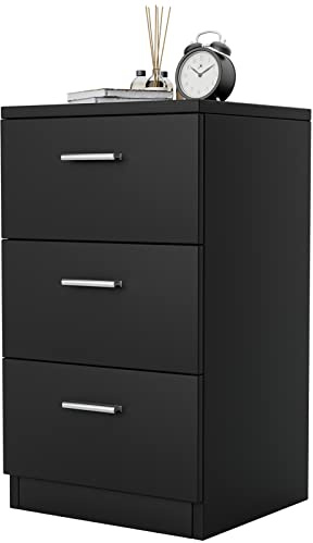 COSTWAY 1 Mesita de Noche con 3 Cajones, 66x38x35cm, Mesa Auxiliar de Madera, Mesilla de Noche Moderno para Dormitorio Hogar Salón. Negro