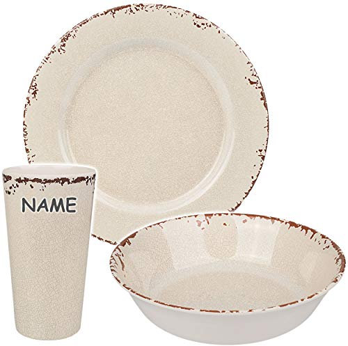 alles-meine.de GmbH 3 TLG. Geschirr Set: Teller + Schale/Schüssel + Becher - Retro & Nostalgie Design - Creme/beige/weiß - inkl. Name - Melamin Kunststoff - Speiseteller - ..