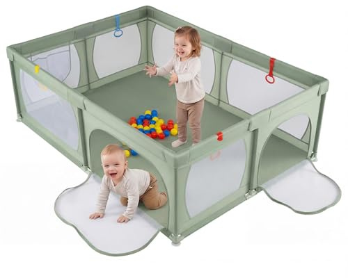 COSTWAY 205 x 147cm Laufstall Baby faltbar, Laufgitter mit 50 Bällen, 2 Türen, atmungsaktivem Netz & Reißverschluss, Laufgitterzelt für Säuglinge & Kleinkinder (Grün, Ohne Matratze)