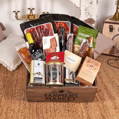 Cesta de Navidad Gourmet - Lote Gour 410-25 / con vinos, cava Juve Camps, ibéricos de bellota y cebo campo, foie gras, conservas premium, queso curado y dulces en cajón de nogal
