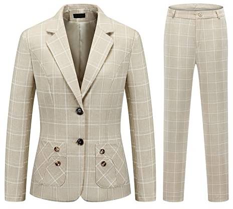 Womens 2 Piece Plaid Suits Set Business Office One Button Blazer Jacket Casual Long Sleeve Pant Suit Set, Apricot 01, Medium