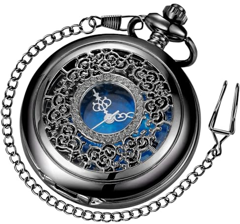 Tiong Quartz Pocket Watch Hollow Blue Star Steampunk Pocket Watch and Chain Birthday Gifts