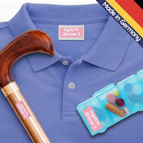 Wäscheetiketten für Pflegeheime - Selbstklebend (60 Stk, Rosa) | Waschmaschinenfeste Namensschilder für Kleidung und Gegenstände, Personalisierte Namensetiketten zum Aufkleben