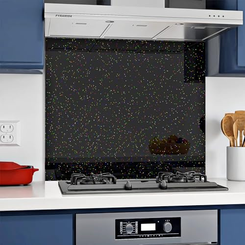 BELOFAY 6mm Tempered Glass Splashback for Kitchen, Toughened Glass Heat Resistant Splashbacks for Cookers (60x65, Black Sparkles)
