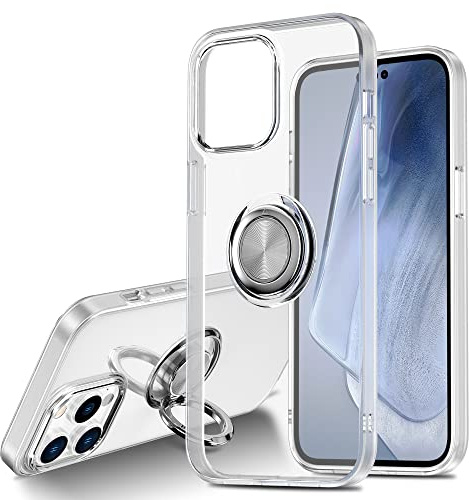 SORAKA Clear Case for iPhone 14 Pro with 360 Rotating Ring Holder Slim Fit Soft TPU Transparent Case with Metal Plate for Magnetic Car Phone Holder