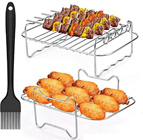 2 Pcs Air Fryer Rack for Ninja Dual Zone, Air Fryer Accessories, Stainless Steel Grill Rack with Skewers, Oil Brush Compatible with Ninja AF300UK/AF400UK, Tower, Salter and Other Dual Zone​