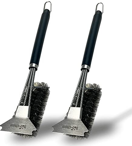 Bio-Chem 2 Brosses pour Barbecue Robuste et Ergonomique Manche Extra Long avec Isolation Thermique Brosse métallique à 3 Compartiments avec Poils en Acier Inoxydable et grattoir
