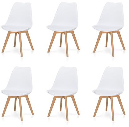 KHG 6er-Set Esszimmerstühle Polsterstuhl Skandi Look, LED, 150 kg, bis 150 | Stuhlbeine Massivholz Buche, Kunststoff Sitzschale, gepolstertes Kunstleder-Sitzkissen, modern & pflegeleicht
