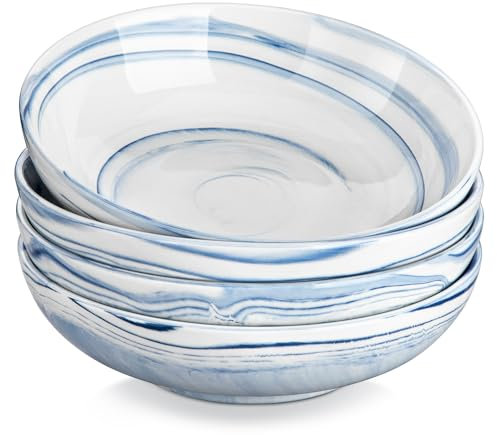 MALACASA Cuencos de Pasta de 8, 4 Piezas 1200ML Tazón de Porcelana para Ensalada de Pasta, Tazón de Fuente Grande de Cerámica Azul Mármol para Ensalada, Sopa, Pasta y Frutas