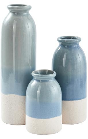 OTARTU Blue Ceramic Vase 3 Sets,Farmhouse Vase for Country Home Decoration, Tabletop Decor, Bookcase, Fireplace and Entrance Decoration.