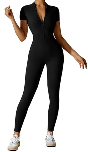 Litthing Femme Combinaison de Sport, Sexy Tirette Long Moulante Vetement Manches Courtes Body Yoga Élastique Skinny Une Pièce Tenue d'entraînement Bodycon