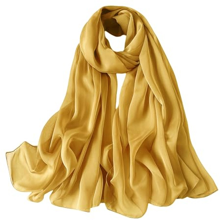 Lina & Lily Écharpe châle pour femme en mousseline de soie ondulée enveloppante printemps été pure plume de soie, or, 72 x 28