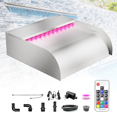 Longrun Kit de Lame de Cascade de Bassin de 30 cm, Cascade en Acier Inoxydable 304 avec Éclairage LED 7 Couleurs et Télécommande, Largeur 31 cm