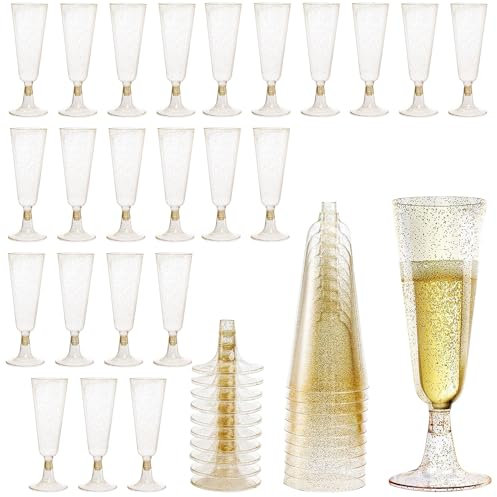Calici e Flauti da Champagne in Plastica 50 Pezzi, Riutilizzabili per Matrimoni, Compleanni, Feste, Celebrazioni Festive, Carnevali (Golden Pink50)