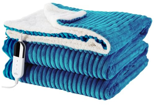 YDW Electric Heated Throw Blanket - 130x180cm Stripe Flannel Electric Overblanket for Sofa Bed Office Use, 6 Heat Levels&10 Time Settings, Machine Washable, Aquamarin, Single