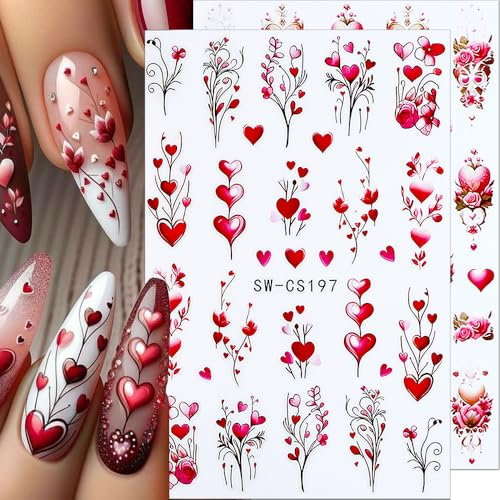 Herz Blume Valentinstag Nagelsticker Rot Rose Blumen Herzen Valentine Nail Sticker Liebe Herz Geometrie Linie Floral Nagelaufkleber Valentines Heart Flower Nagel Sticker Nageldesign Zubehör Nail Art