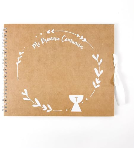 Libro de firmas Comunión Natura Caliz| Medidas 23 x 27,5 cm, con 30 paginas 3 Hojas Pegatinas Letras y números y 3 Hojas Stickers Decorativos, 2 Hojas Pegatinas esquineras y Cierre con Lazo| Arguval