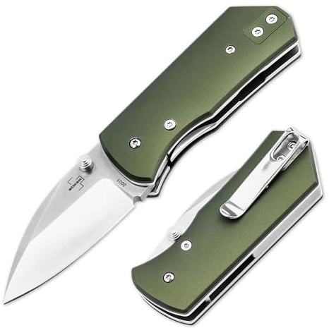 BÖKER PLUS® Lefti – Mini Taschenmesser mit extra scharfer 12C27 Sandvik Sheepfoot Klinge – Profi Klappmesser mit Alu-Griff grün – kleines Einhandmesser mit Linerlock, Daumenpin & Clip