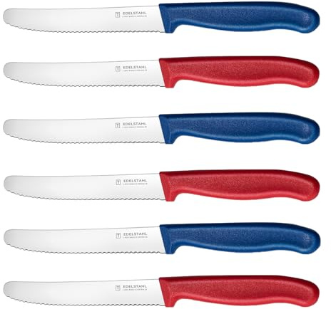 targzier Frühstücksmesser,6 Stück Brotmesser aus Edelstahl,Messer Set | Scharfe Edelstahl Klinge 11cm,Wellenschliff,Rostbeständig,Ergonomische PP Kunststoffgriff Tomatenmesser,Rot&Blau