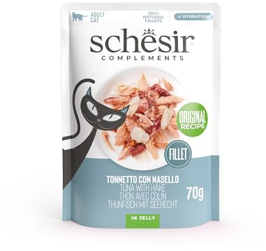 Schesir, Filetes de Atún con Merluza en Gelatina, Comida Húmeda Complementaria para Gatos, en Bolsas, Receta Original, 100% Natural, 12 x 70g