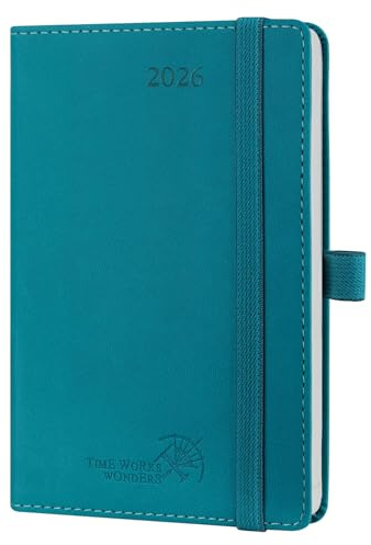 POPRUN Kalender 2026 Klein 16 x 10,5 cm (Jan.2026-Dez.2026) - Taschenkalender 2026 Klein Softcover mit PU-Leder - Terminplaner, Planer 1 Woche 2 Seite mit Stiftschlaufe - Pazifikgrün