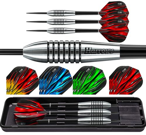 Harrows Fire Bomber - Juego de dardos con punta de acero de tungsteno, 23 g, 25 g, 27 g, 20 unidades, con plumas de fuego de repuesto, 25 g