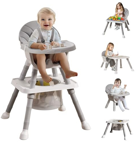 UNICOO 7-in-1 Convertible Baby High Chair for Babies and Toddlers, High Chair with Removable Double Tray, 5-Point Harness, Activity Table, Building Block Table, Baby Seat and Toddler Chair