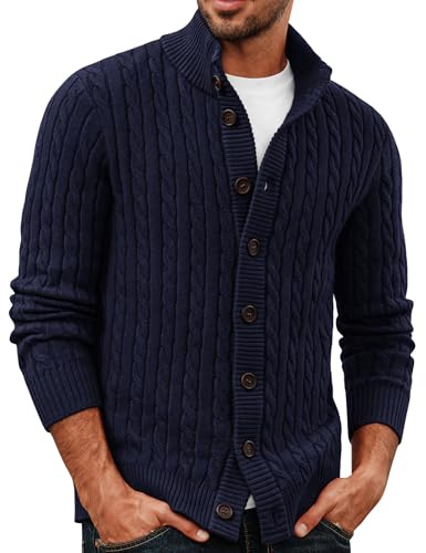 PJ PAUL JONES Suéter para hombre con cierre de botones, cárdigan de punto trenzado con cuello alto acanalado para otoño e invierno, azul marino, L