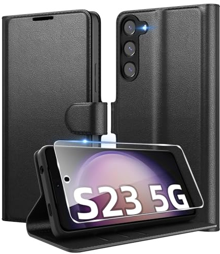 Eirltiy Handyhülle für Samsung Galaxy S23 5G Hülle Premium PU Leder, Wallet Kartenfach Standfunktion Schutzhülle Stoßfeste Klapphülle Flip Case mit 1 Schutzfolie Schwarz