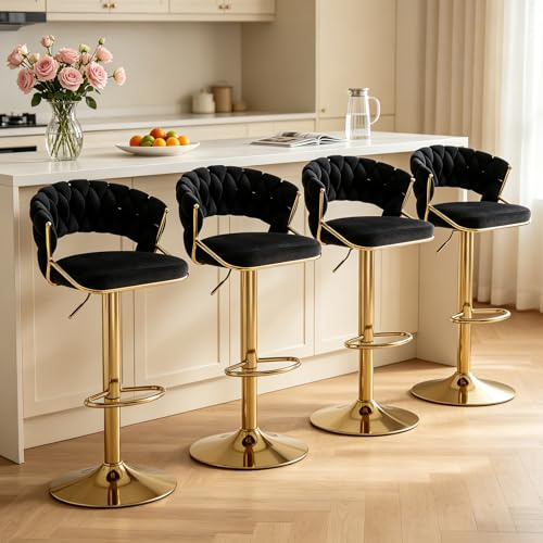 Chummaven Samt Gold Barhocker 4er Set mit geflochtene Lehne, Schwarz | höhenverstellbar, drehbar, gepolstert, offene Rückenlehne Fußstütze Metallgestell, Küchenhocker Tresenhocker für Kücheninsel