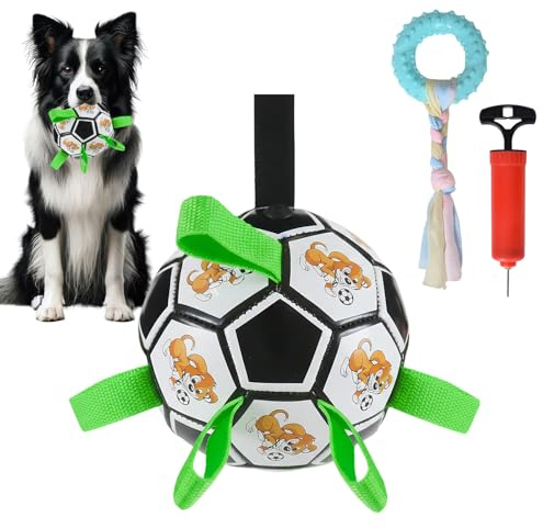 Zimoer Hundespielzeug Ball 15cm mit Griff + Aufblas-Pumpe + Kauspielzeug, Robuster Trainingsball für kleine & mittlere Hunde, Apportierspielzeug, Wasserspielzeug & Zerrspielzeug (2in1 Spielset)