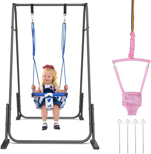 Slevoo 2-in-1 Baby Jumper and Toddler Swing Set with Foldable Metal Frame, Indoor and Outdoor Play for Ages 6 Months to 6 Years, Supports Up to 200 Pounds (Pink)