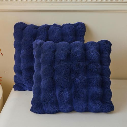 LIFEREVO 2 Pieces Fluffy Faux Rabbit Fur Cushion Covers 50x50cm, Luxury Plush Shaggy Bubble Square Throw Pillow Covers with Zipper, Home Decor Fuzzy Pillow Shams for Bed Couch Sofa Chair, Navy Blue