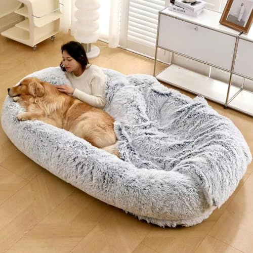Hundebett für Menschen & Hunde, 165x100x30cm Waschbar Human Dog Bed mit Bezug abnehmbar, Warmes & bequemes Extra Große Katzenbett Hundebetten, Flauschig Weich Kunstkaninchenfell Haustierbett - A