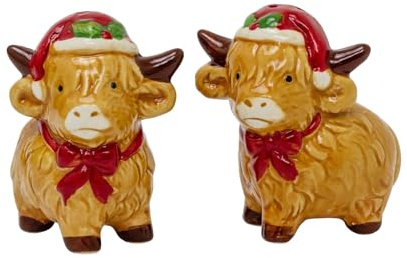 Christmas Highland Cow Salt & Pepper Shakers | Novelty Salt and Pepper Pots with Santa Hats & Festive Bows | Cute Ceramic Cruet Set