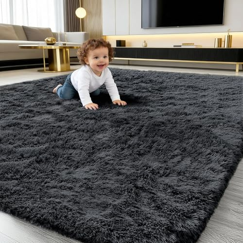 smiry Fluffy High Pile Rugs Living Room Carpet, 120x160 cm, Black | 3.5cm-Pile Extra Soft Machine Washable Area Rugs, Thick Foam Anti-Slip Backing, Shaggy Home Decor for Bedroom Nursery Office