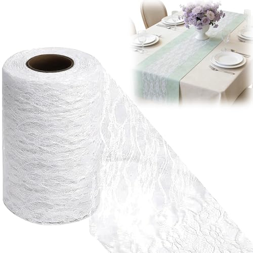Forbabe 15cm x 25m Tischläufer Spitze Weiß, Zarter Spitze Tischläufer Rolle | Edle Konfirmation Tischdeko Wiederverwendbar Dekorative Tischband für Geburtstage Taufen Kommunion Hochzeiten