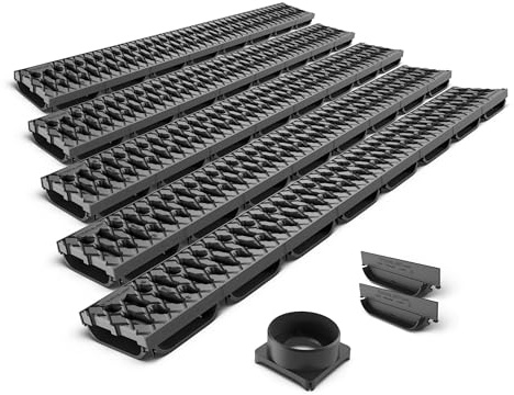 VODALAND EASY LOW – Canaleta de Drenaje con Rejilla de Plástico Negro | Perfil Bajo 40 mm | Clase A15 (hasta 1.500 kg) | Drenaje Discreto en Terrazas, Patios y Espacios Exteriores - Kit de 5 metros