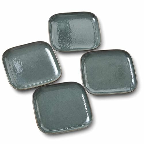 superyes Square Reactive Glaze Ceramic Salad Plate, Blue Stoneware, 8 Inch, Set of 4, Nordic Style, Dishwasher & Microwave Safe