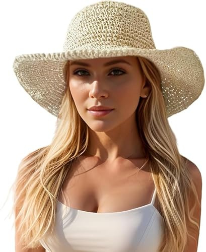 AIEDECOPT Sonnenhut Damen, Faltbar Strohhut Damen, Verstellbare Sommerhut für Frauen, Strohhut mit Breiter Krempe, Leicht Atmungsaktiv Strandhut für Strand, Urlaub, Reise, Outdoor