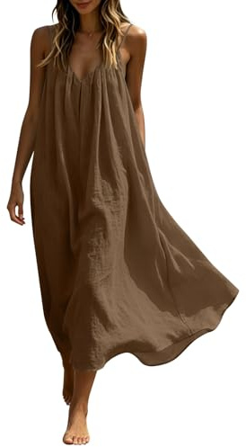Maxi Dresses Womens Cotton Linen Casual Oversized Tunic Dress Sleeveless Spaghetti Strap Vest Dresses Solid Color A-line Sundress Baggy Beach Long Dress Summer Plain Sundress