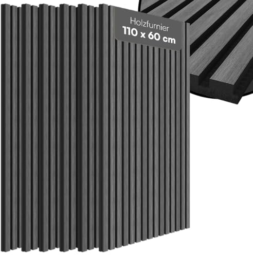 Bellamio Kilwa Akustikpaneele 110x60 cm, 6er-Set, Holzoptik Dunkelgrau, 3D | Wandpaneele, Wandverkleidung, Akustik Holzpaneele als Schallabsorber, Lamellenwand für Innen, Wall Panel mit Schallschutz