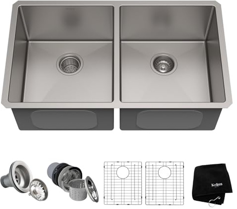 KRAUS Standart Pro 33 -inch Undermount 50/50 Double Bowl 16 Gauge Stainless Steel Kitchen Sink, KHU102-33