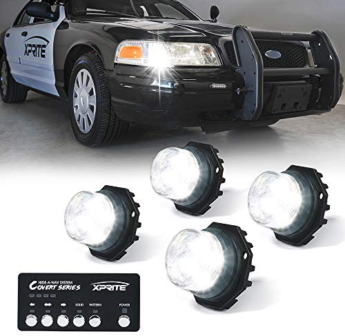 Xprite 4PCS LED Hideaway Strobe Lights Kit - White, 20 Flash Modes, Control Panel Included, Ideal for Emergency Vehicles, Trucks, Cars, Headlights, Taillights & Fog Lights, Hazard Warning